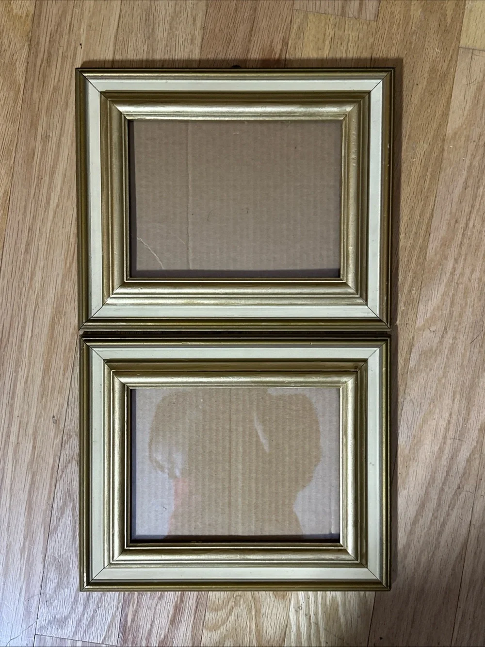 PAIR OF VINTAGE SOLID WOOD GOLD CREAM TRIM PICTURE FRAMES FITS 6X8 OVERALL 7X9